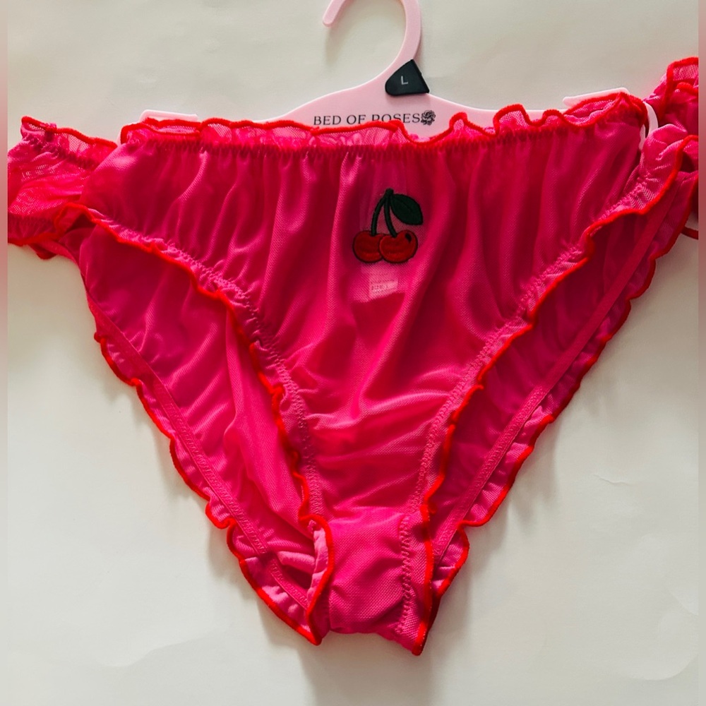 Bed of Roses Bralette Set Lingerie Sexy Cherry Red Embroidered Pink Sz Large NWT - Picture 4 of 6